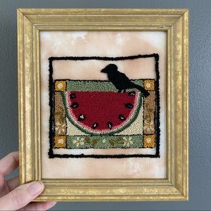 Primitive Needlepoint Black Crow on a Watermelon